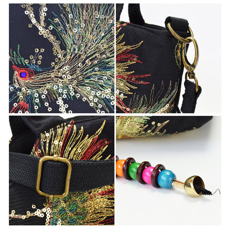 Women Shoulder Bag Handmade Embroidery Peacock Bohemia Ethnic Style Retro Handbag Large Capacity Tote Messenger Bag for Girl