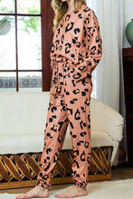 Load image into Gallery viewer, Leopard Round Neck Top and Drawstring Pants Lounge Set
