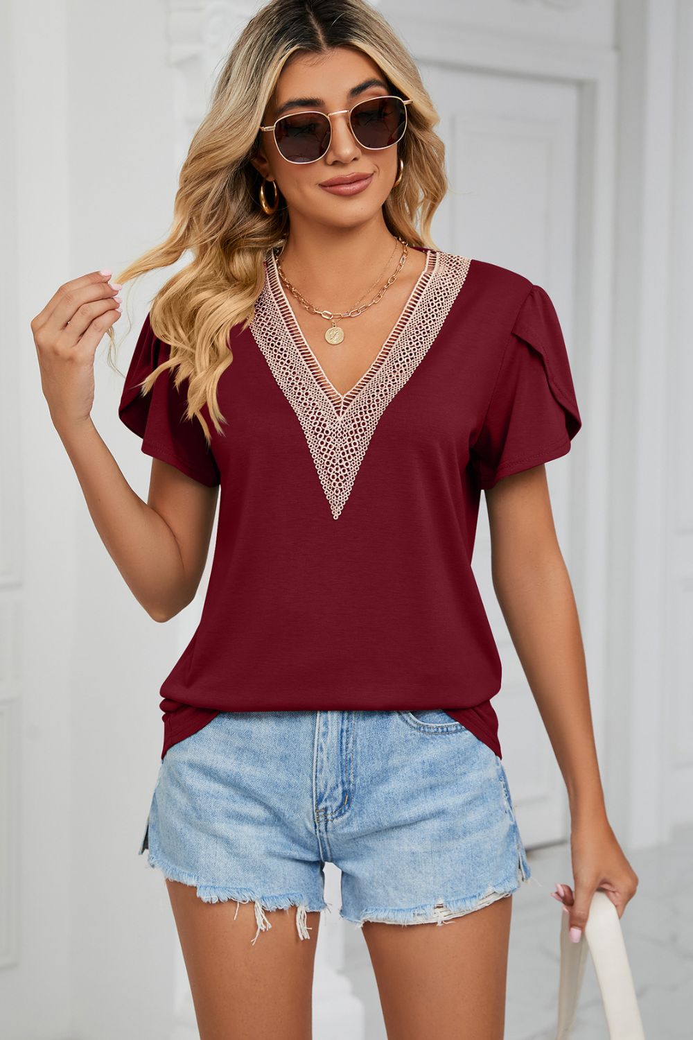 Contrast Trim Petal Sleeve V-Neck Top Lots of Colors