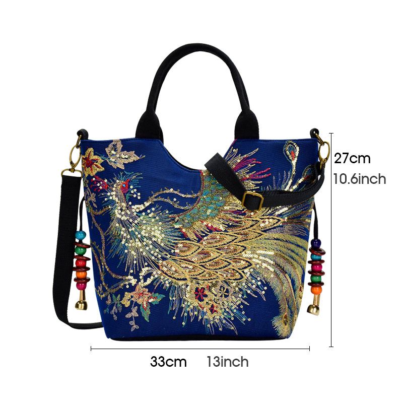 Women Shoulder Bag Handmade Embroidery Peacock Bohemia Ethnic Style Retro Handbag Large Capacity Tote Messenger Bag for Girl