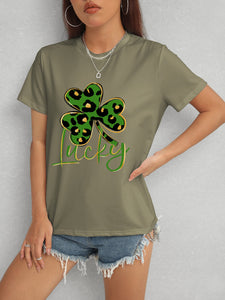 Lucky Clover Round Neck Short Sleeve T-Shirt