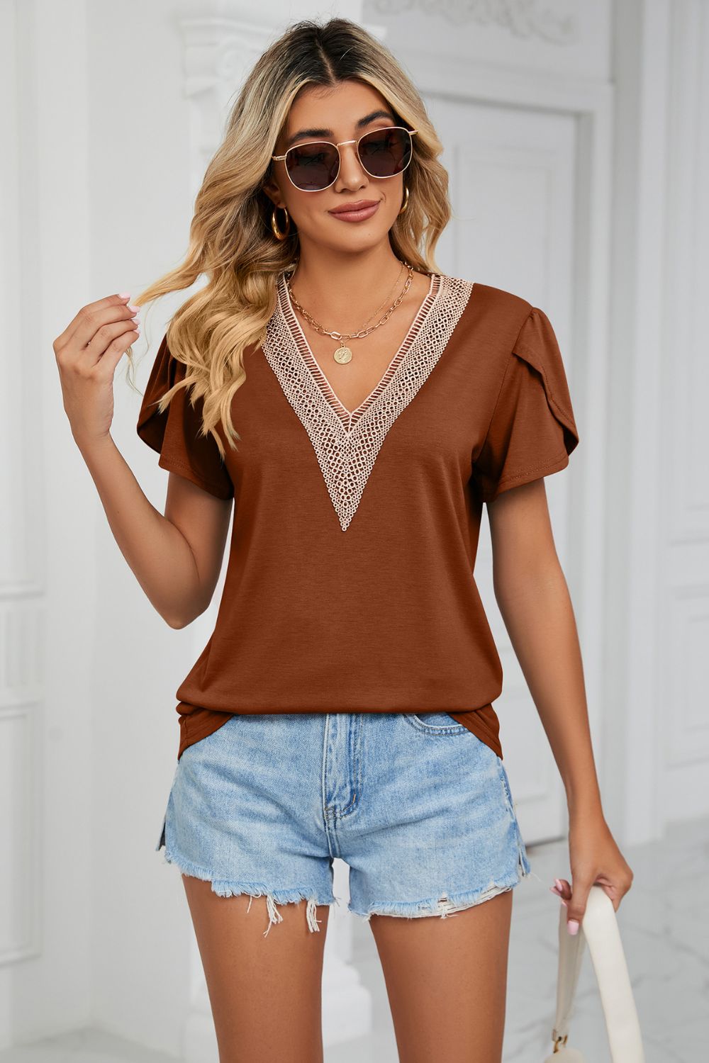 Contrast Trim Petal Sleeve V-Neck Top Lots of Colors