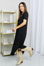 Load image into Gallery viewer, HYFVE V-Neck Short Sleeve Curved Hem Dress in Black

