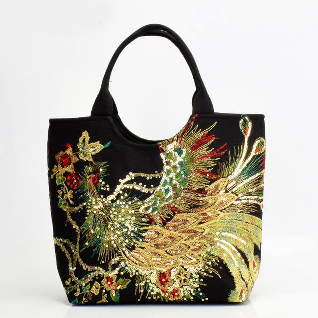 Women Shoulder Bag Handmade Embroidery Peacock Bohemia Ethnic Style Retro Handbag Large Capacity Tote Messenger Bag for Girl