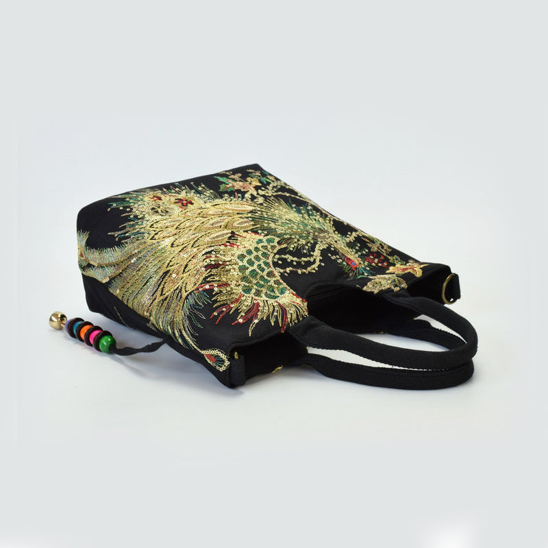 Women Shoulder Bag Handmade Embroidery Peacock Bohemia Ethnic Style Retro Handbag Large Capacity Tote Messenger Bag for Girl