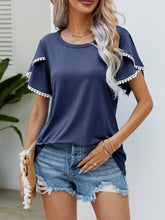 Load image into Gallery viewer, Pom-Pom Trim Flutter Sleeve Round Neck Tee
